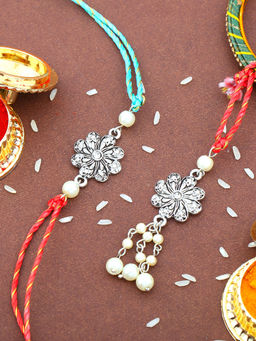 Estele - Silver Oxidized Plated Floral Bhaiya Bhabhi Rakhi with Multicolor Thread
