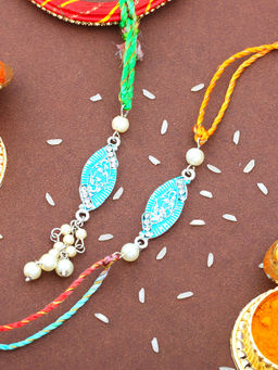 Estele - Rhodium Plated Stylish Rakhi for Bhaiya & Bhabhi with Multi Color Thread