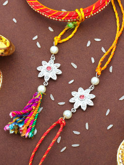 Estele - Rhodium Plated Flower Design Rakhi for Bhaiya Bhabhi Multi Coloured Thread