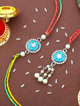 Estele - Silver Oxidized Plated Bhaiya Bhabhi Rakhi with Multi Coloured Silk Thread