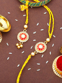 Estele - Gold Plated Elegant Design Rakhi for Bhaiya & Bhabhi with Fancy Silk Thread