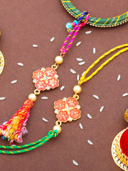 Estele - Gold Plated Floral Design Bhaiya Bhabhi Rakhi with Multi Coloured Silk Thread