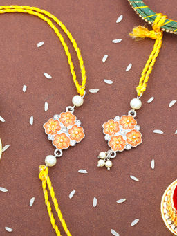 Estele - Rhodium Plated Floral Design Bhaiya Bhabhi Rakhi with Fancy Silk Thread