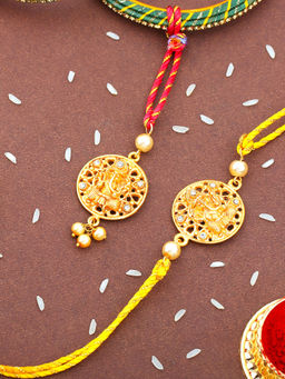 Estele - Gold Plated Blessed Ganesh Bhaiya Bhabhi Rakhi with Multi Color Silk Thread