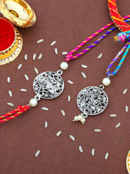 Estele - Silver Oxidized Plated Blessed Ganesh Bhaiya Bhabhi Rakhi with Silk Thread