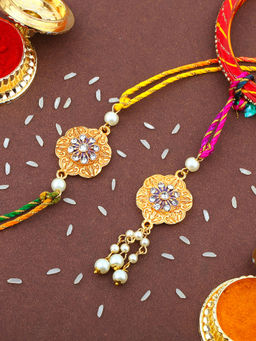 Estele - Gold Plated Flower Shaped Bhaiya Bhabhi Rakhi with Multi Coloured Silk Thread