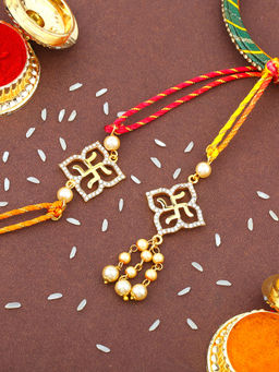 Estele - Gold Plated Holy Swastik Rakhi for Bhaiya Bhabhi with Multi Color Silk Thread