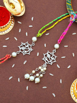 Estele - Rhodium Plated Om Rakhi for Bhaiya Bhabhi with Multi Color Silk Thread
