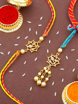 Estele - Gold Plated Om Rakhi for Bhaiya Bhabhi with Multi Color Silk Thread