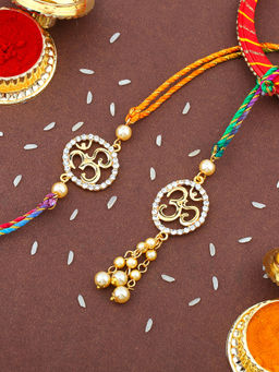 Estele - Gold Plated Spiritual Om Rakhi for Bhaiya Bhabhi with Multi Coloured Silk Thread