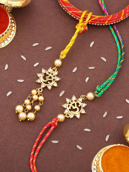 Estele - Gold Plated Divine Om Rakhi for Bhaiya Bhabhi with Multi Color Silk Thread