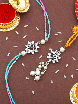 Estele - Rhodium Plated Divine Om Rakhi for Bhaiya Bhabhi with Multi Color Silk Thread