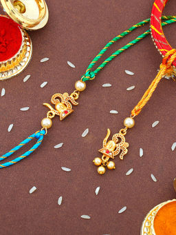 Estele - Gold Plated Divine Lord Shiva Bhaiya Bhabhi Rakhi with Silk Thread