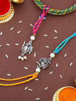 Estele - Silver Oxidized Plated Lord Shiva & Om Bhaiya Bhabhi Rakhi Multi Color Thread