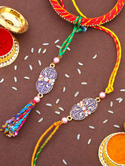 Estele - Gold Plated Bhaiya Bhabhi Rakhi with Multicolor Silk Thread