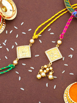 Estele - Gold Plated Om Rakhi for Bhaiya Bhabhi with Crystals, Pearls & Silk Thread