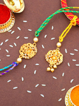Estele - Gold Plated Lord Ganesh Bhaiya Bhabhi Rakhi with Multi Coloured Silk Thread