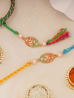 Estele - Gold Plated Ganapati Ji Bhaiya Bhabhi Rakhi with Multi Coloured Silk Thread