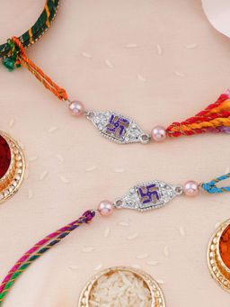 Estele - Rhodium Plated Om Bhaiya Bhabhi Rakhi with Multi Coloured Silk Thread