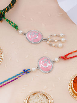Estele - Rhodium Plated Bhaiya Bhabhi Om Rakhi with Multicolor Silk Thread