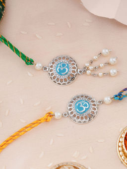 Estele - Rhodium Plated Bhaiya Bhabhi Om Rakhi with Multicolor Silk Thread