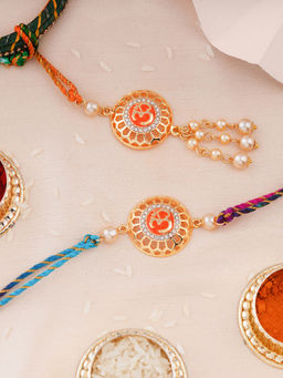 Estele - Gold Plated Om Rakhi Bhaiya Bhabhi with Silk Thread