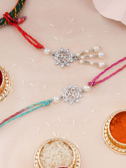Estele - Rhodium Plated Shubha Shree Bhaiya Bhabhi Rakhi with Multi Coloured Silk Thread