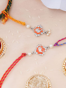 Estele - Rhodium Plated Ganesh Ji Bhaiya Bhabhi Rakhi with Multi Coloured Silk Thread