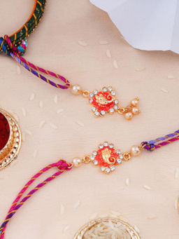 Estele - Gold Plated Ganesh Ji Bhaiya Bhabhi Rakhi with Multi Coloured Silk Thread