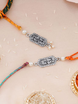 Estele - Silver Oxidized Plated Bhaiya Bhabhi Rakhi with Multi Coloured Silk Thread
