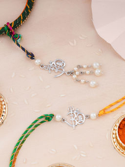 Estele - Rhodium Plated Om Rakhi for Bhaiya Bhabhi with Pearls & Multicolor Silk Thread