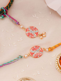 Estele - Gold Plated Rakhi for Bhaiya Bhabhi with Multicolor Silk Thread