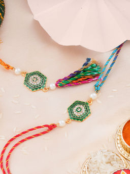 Estele - Gold Plated Green Enamel Bhaiya Bhabhi Rakhi with Multicolor Silk Thread