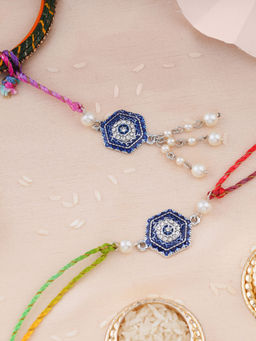 Estele - Rhodium Plated Blue Enamel Bhaiya Bhabhi Rakhi with Multi Coloured Silk Thread