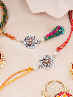 Estele - Silver Oxidized Plated Flower Bhaiya Bhabhi Rakhi with Multicolor Silk Thread