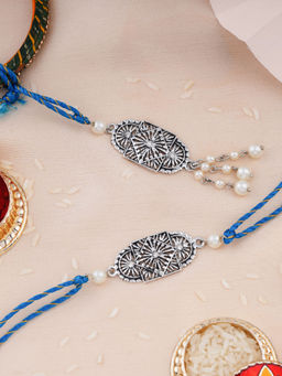 Estele - Silver Oxidized Plated Bhaiya Bhabhi Rakhi with Crystals, Pearls & Silk Thread