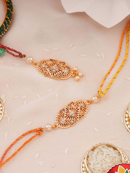 Estele - Gold Plated Bhaiya Bhabhi Rakhi with Austrian Crystals, Pearls & Silk Thread
