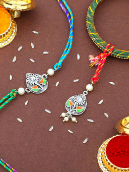 Estele - Silver Oxidized Plated Leaf Design Bhaiya Bhabhi Rakhi with Silk Thread