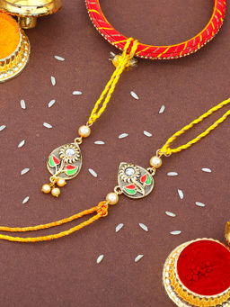 Estele - Gold Plated Leaf Design Rakhi for Bhaiya Bhabhi with Pearls & Fancy Silk Thread