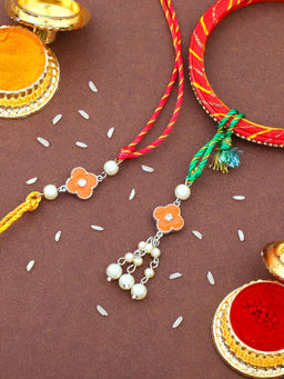 Estele - Rhodium Plated 2 Side Wearable Floral Bhaiya Bhabhi Rakhi with Silk Thread