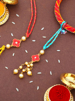Estele - Gold Plated 2 Side Wearable Floral Bhaiya Bhabhi Rakhi with Silk Thread