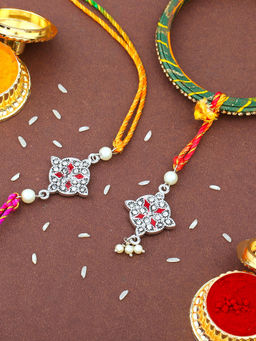 Estele - Silver Oxidized Plated Rakhi for Bhaiya Bhabhi with Silk Thread