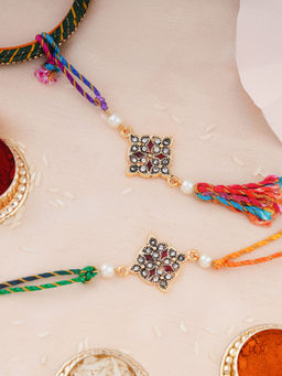 Estele - Gold Plated Floral Design Rakhi for Bhaiya Bhabhi with Silk Thread