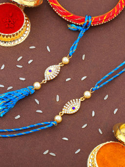 Estele - Gold Plated Evil Eye Rakhi for Bhaiya Bhabhi with Crystals & Fancy Silk Thread