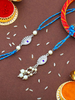 Estele - Gold Plated Evil Eye Rakhi for Bhaiya Bhabhi with Crystals, Pearl & Silk Thread
