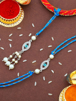 Estele - Rhodium Plated Evil Eye Bhaiya Bhabhi Rakhi with Fancy Silk Thread