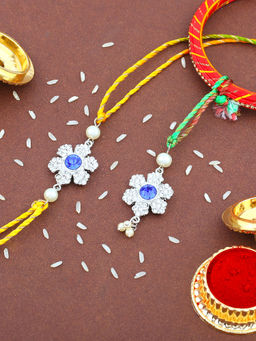 Estele - Rhodium Plated Bhaiya Bhabhi Floral Rakhi with Multicolor Silk Thread