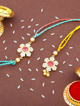 Estele - Gold Plated Bhaiya Bhabhi Floral Rakhi with Multicolor Silk Thread