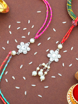 Estele - Rhodium Plated Kundan Polki Design Rakhi for Bhaiya Bhabhi with Silk Thread