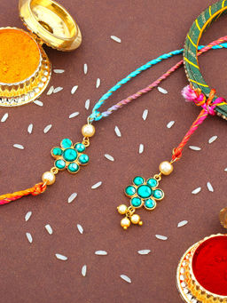 Estele - Gold Plated Green Bhaiya Bhabhi Polki Design Rakhi with Multicolor Silk Thread
